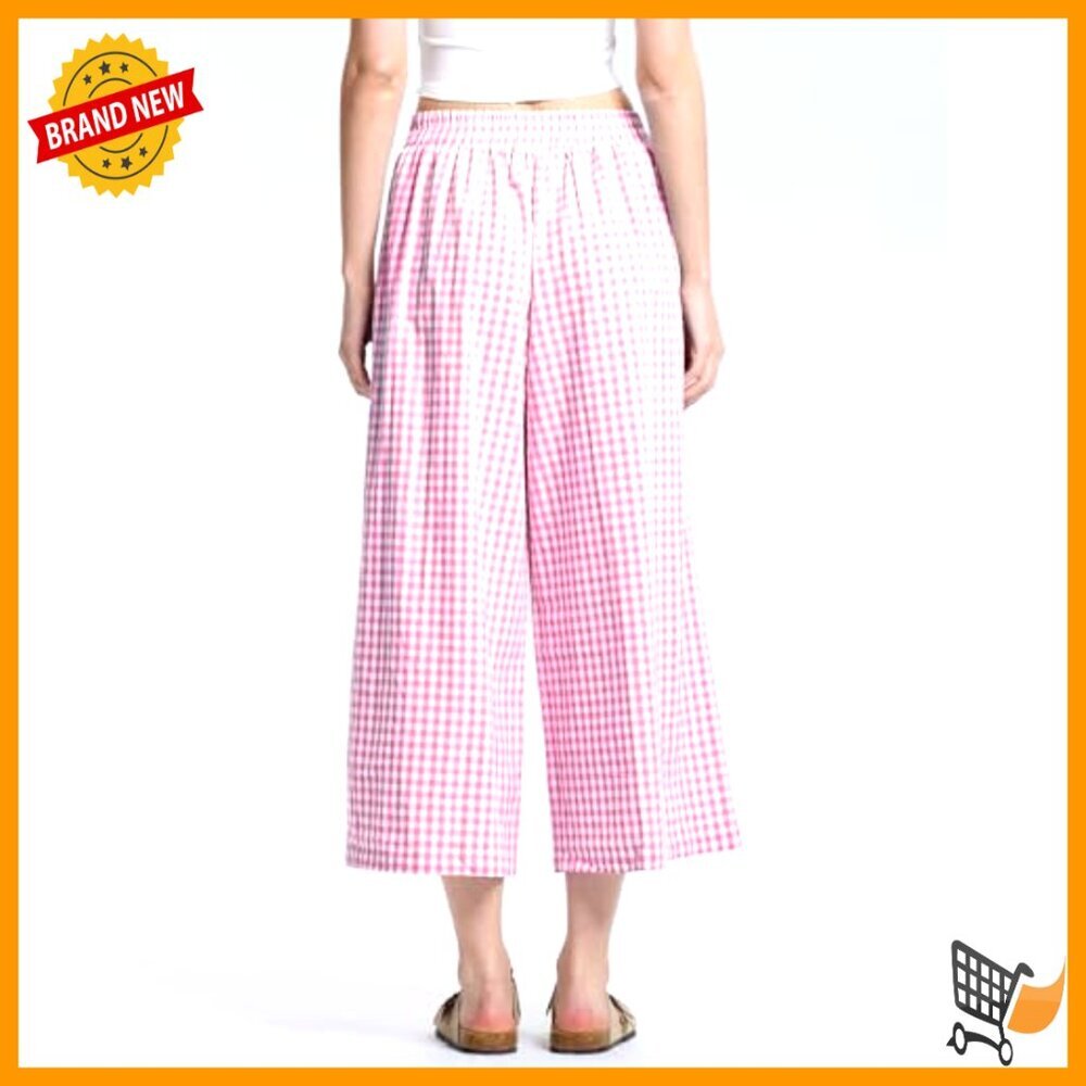 Wide Leg Capri Pants Cotton Gingham Plaid Culottes Elastic Waist Palazzo - Picture 6 of 7